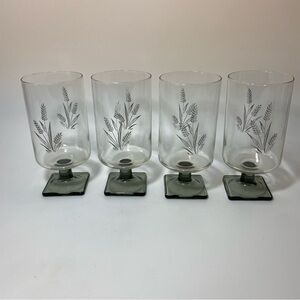 Set 4 Vintage Wheat Pattern Glasses Stemware smoke grey square base Rosenthal